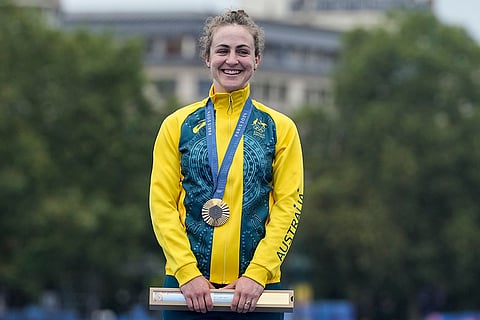 Women's cycling time trial medal ceremony: Gold medalist Grace Brown, of Australia
